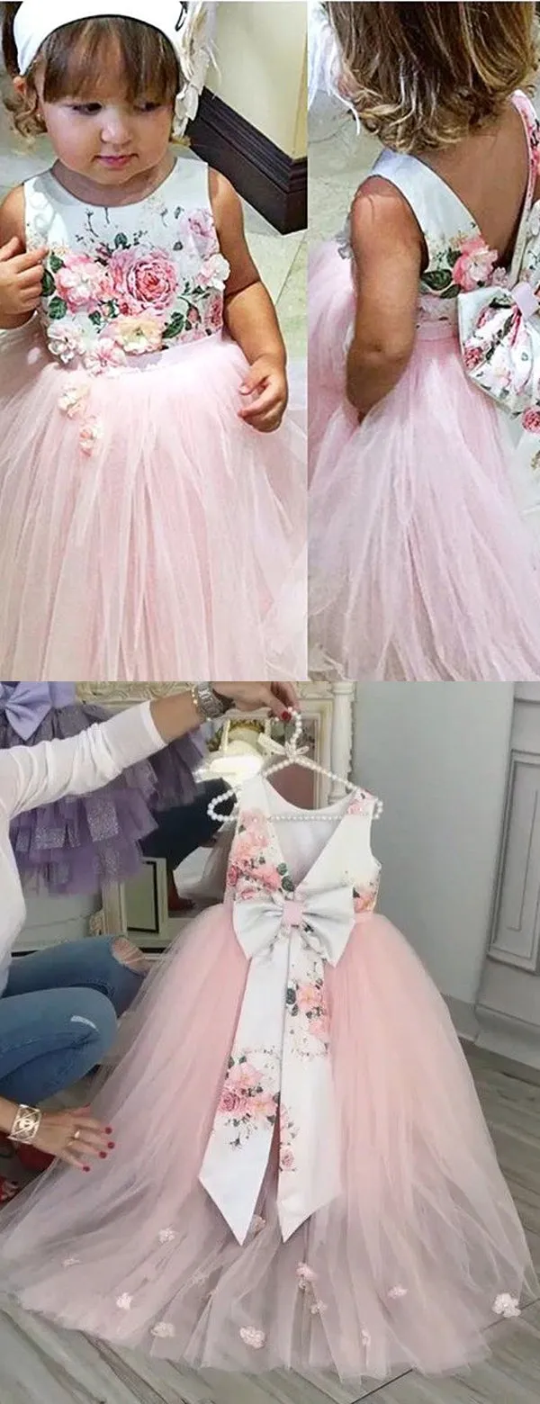 Pink Tulle Floral Satin Bowknot Ball Gown Flower Girl Dresses, FGS139