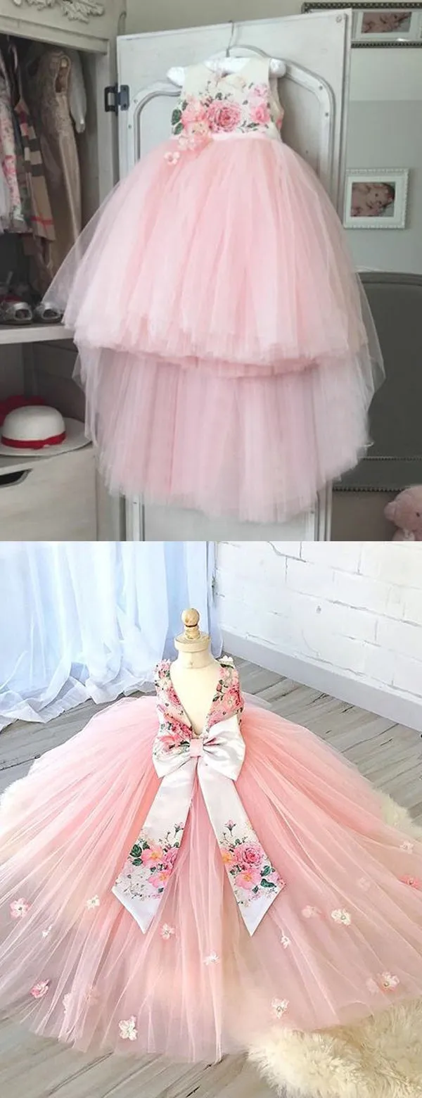 Pink Tulle Floral Satin Bowknot Ball Gown Flower Girl Dresses, FGS139