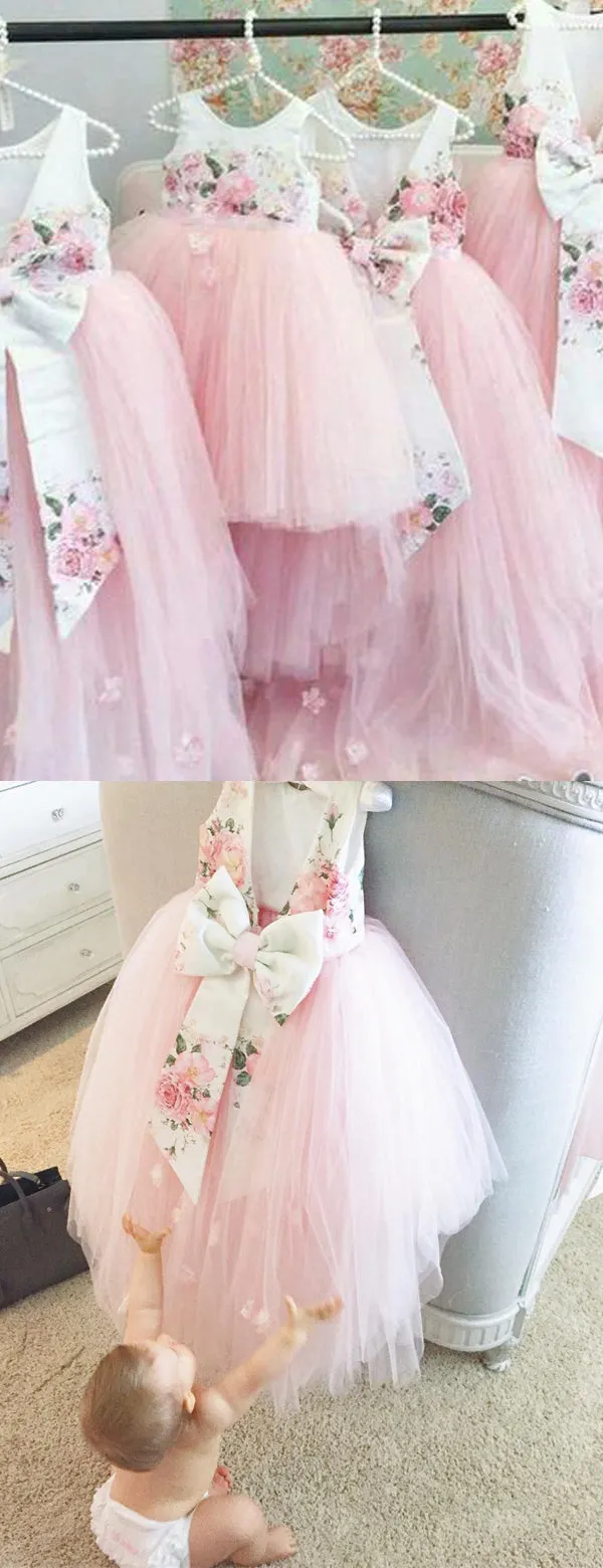 Pink Tulle Floral Satin Bowknot Ball Gown Flower Girl Dresses, FGS139