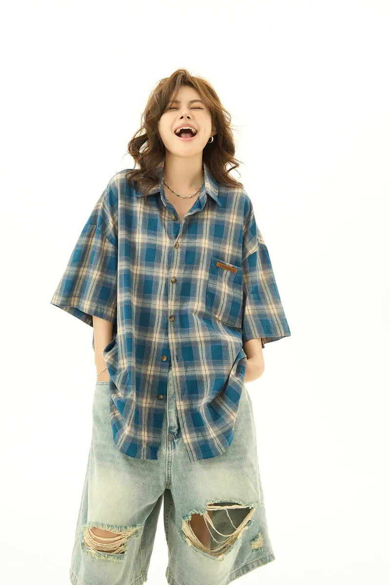 Plaid Lapel Loose Short Sleeve Shirt