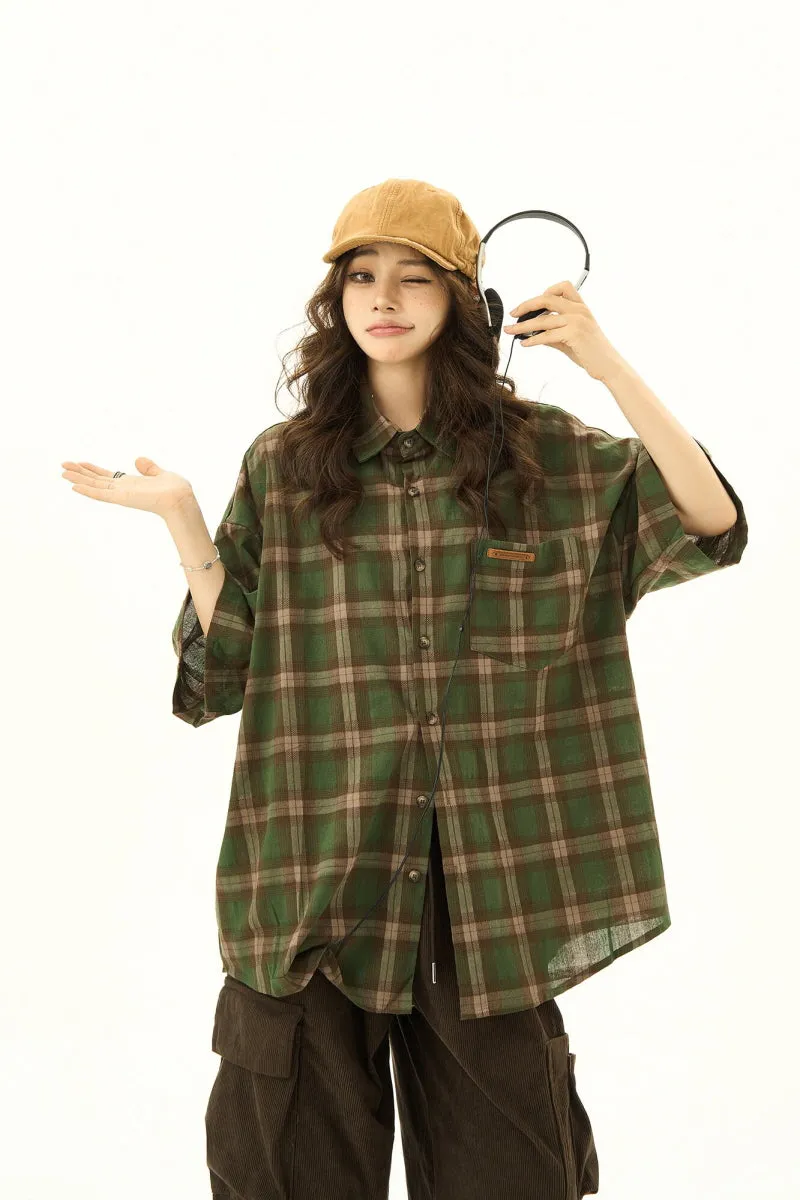 Plaid Lapel Loose Short Sleeve Shirt