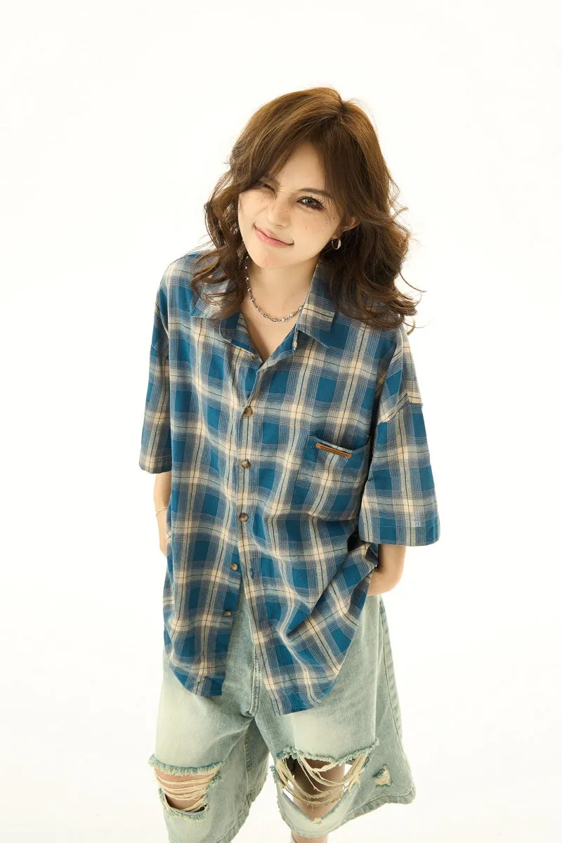 Plaid Lapel Loose Short Sleeve Shirt