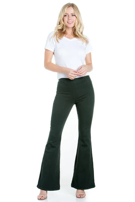 Pull Me Closer High Rise Zip Back Flare Denim Color Jeans Olive