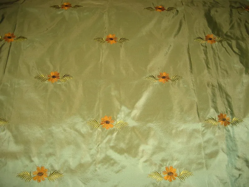 Pure SILK TAFFETA FABRIC Icy Green with Embroidery 54 inch wide?/137 cms TAFE2