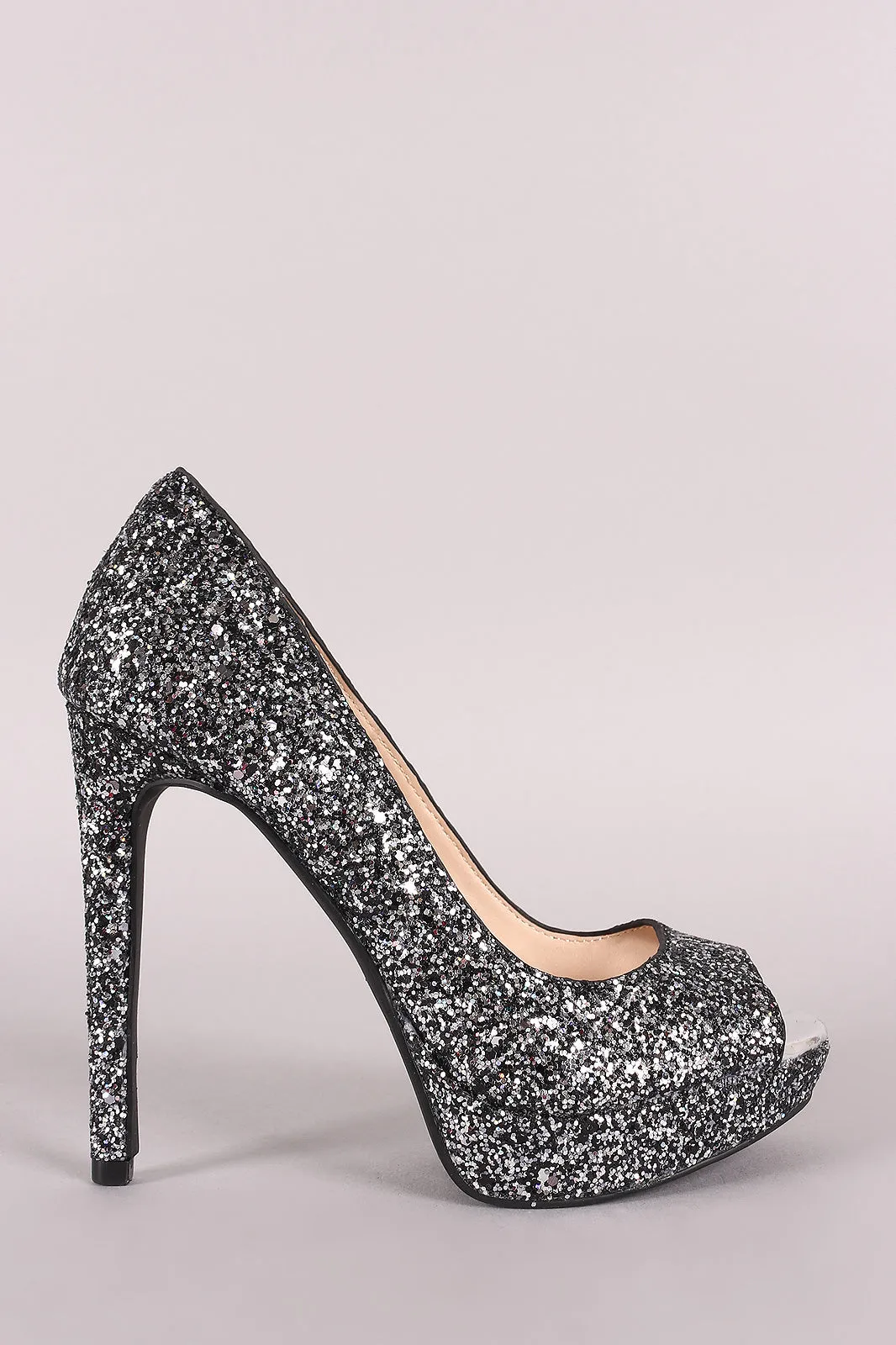 Qupid Glitter-Encrusted Peep Toe Stiletto Platform Pump