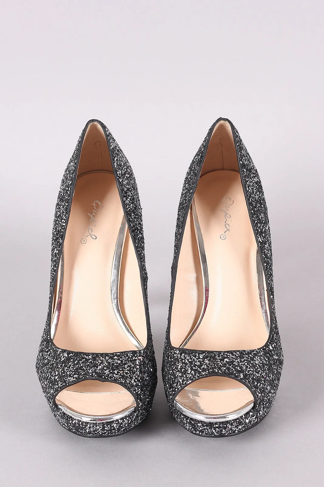 Qupid Glitter-Encrusted Peep Toe Stiletto Platform Pump