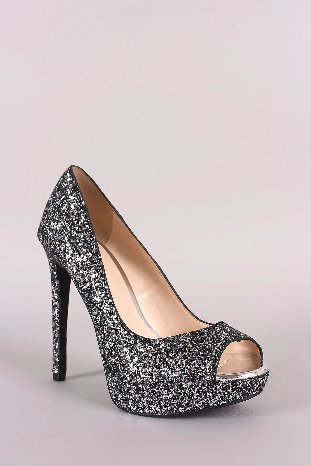 Qupid Glitter-Encrusted Peep Toe Stiletto Platform Pump