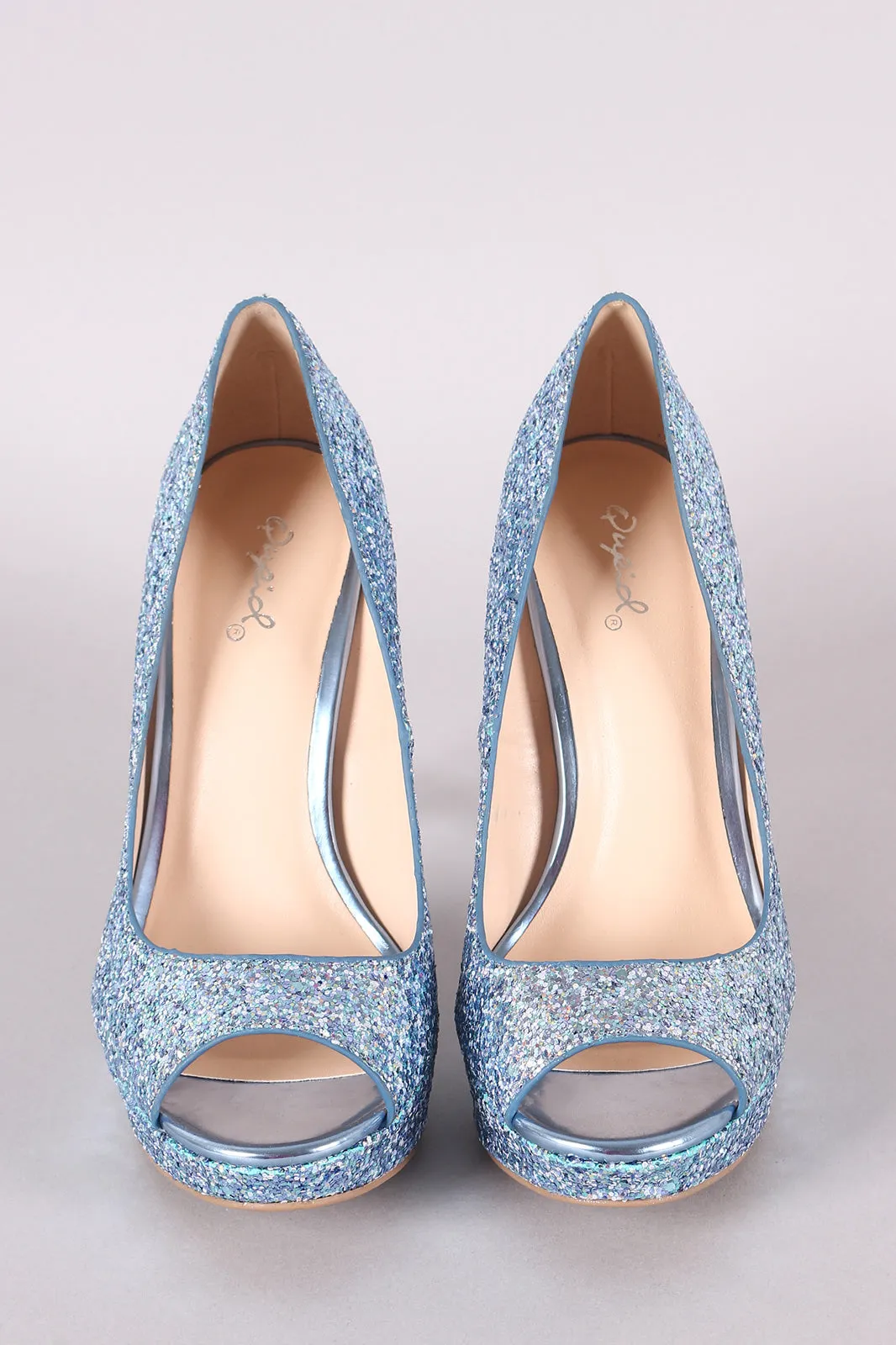 Qupid Glitter-Encrusted Peep Toe Stiletto Platform Pump