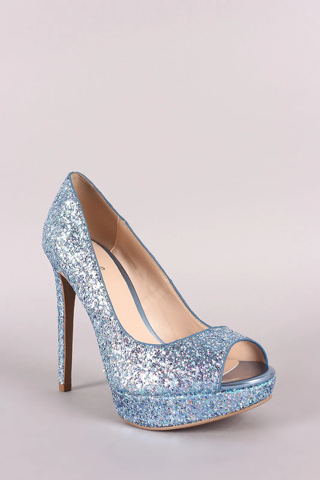 Qupid Glitter-Encrusted Peep Toe Stiletto Platform Pump