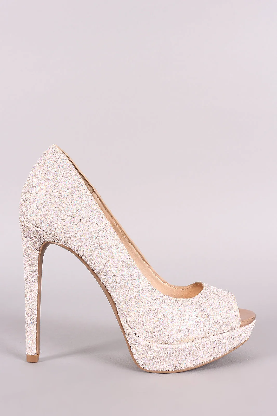 Qupid Glitter-Encrusted Peep Toe Stiletto Platform Pump