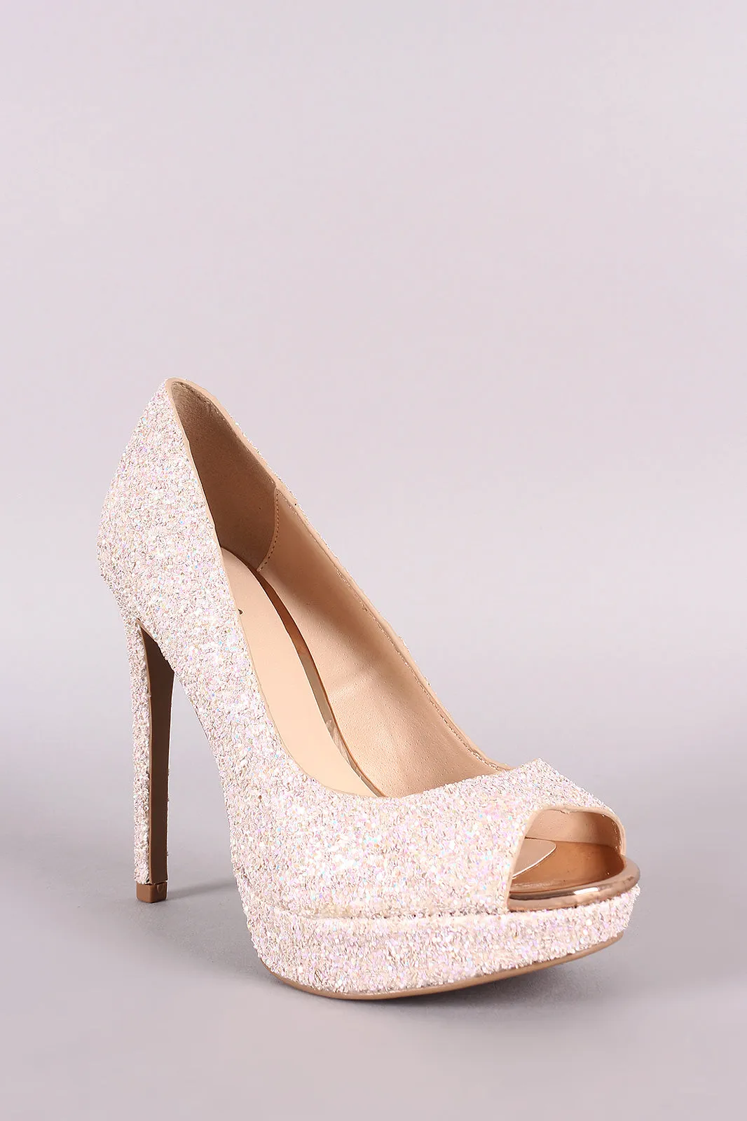 Qupid Glitter-Encrusted Peep Toe Stiletto Platform Pump