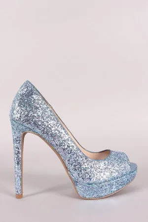 Qupid Glitter-Encrusted Peep Toe Stiletto Platform Pump