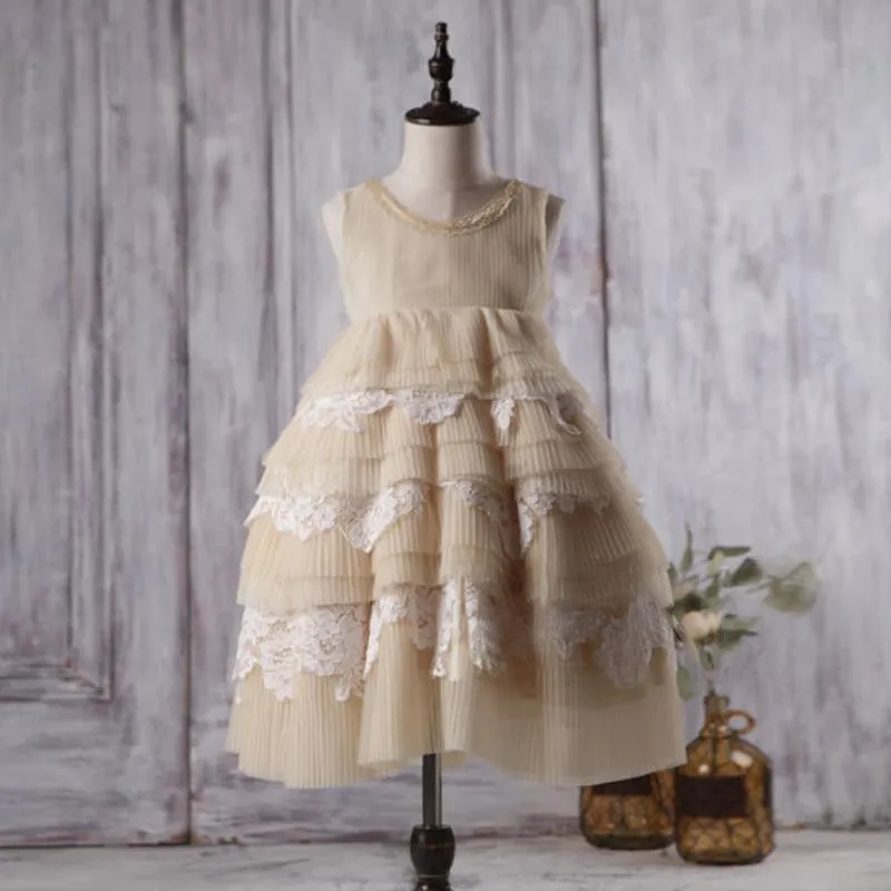 Round Neckline Sleeveless Beige Tulle Lace Flower Girl Dresses, Affordable Little Girl Dresses, FG058