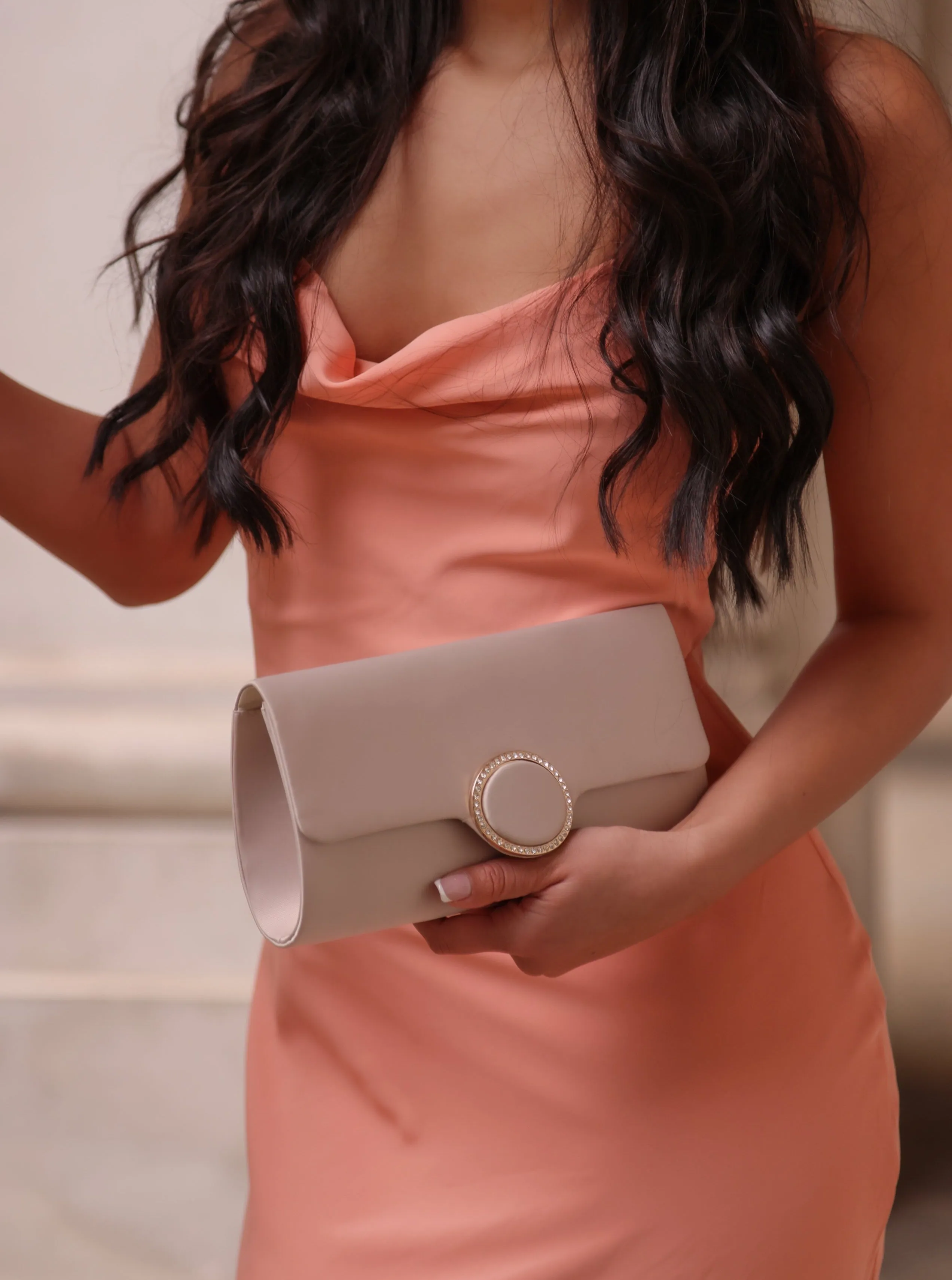 Satin Clutch with Diamante in Champagne