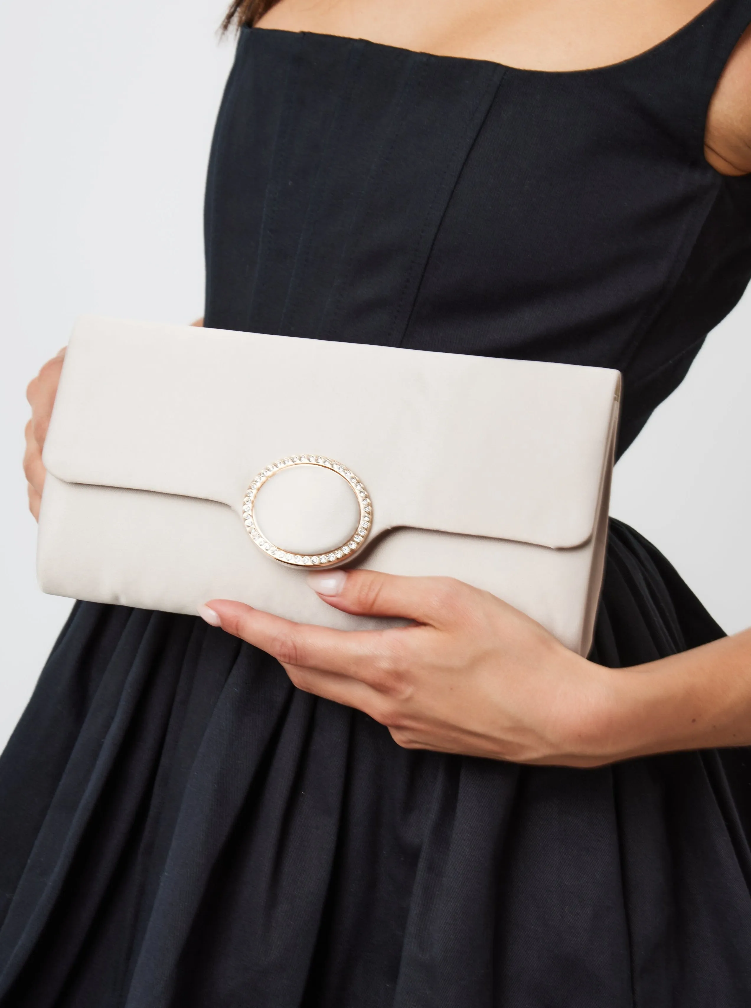 Satin Clutch with Diamante in Champagne