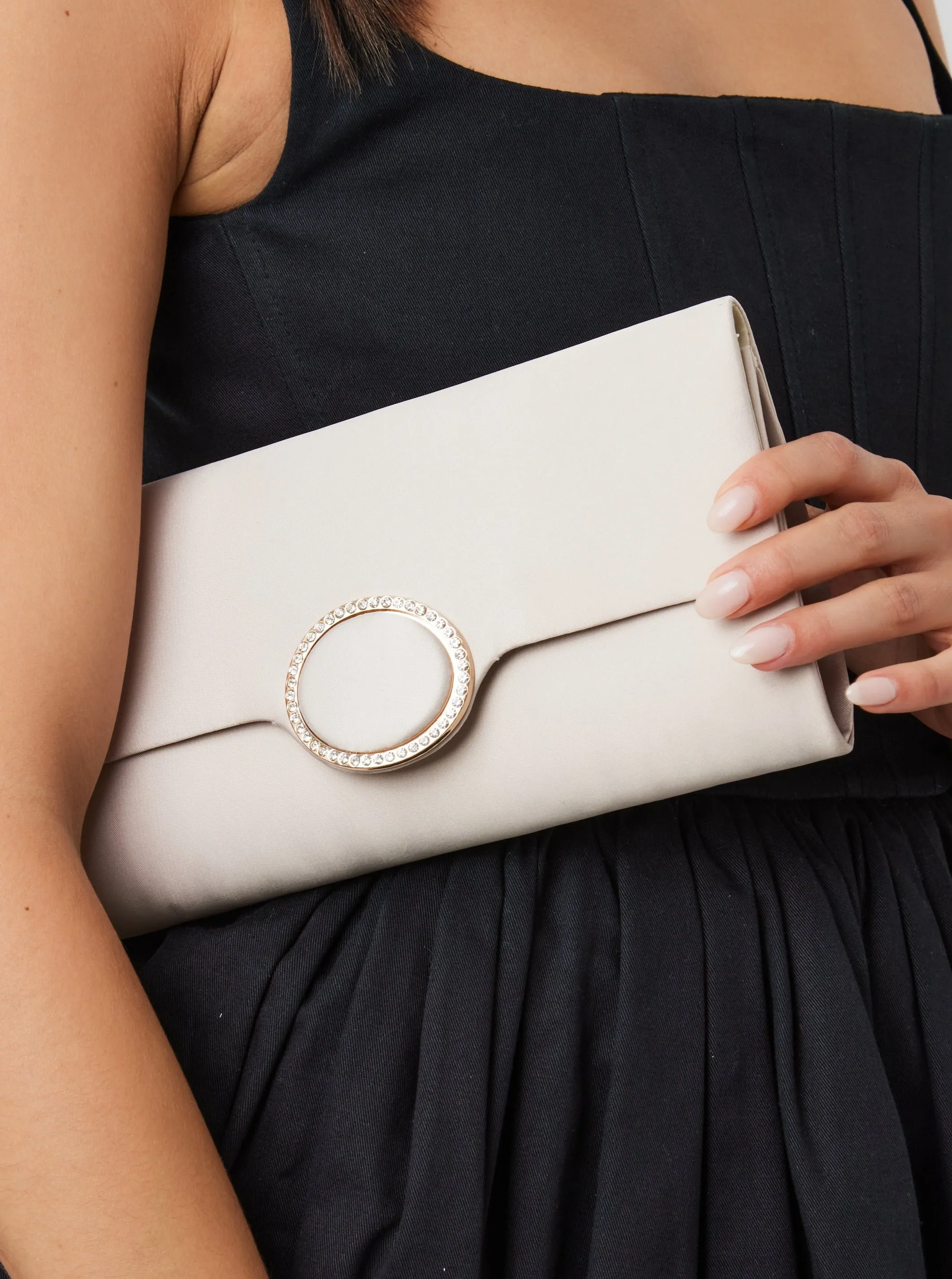 Satin Clutch with Diamante in Champagne