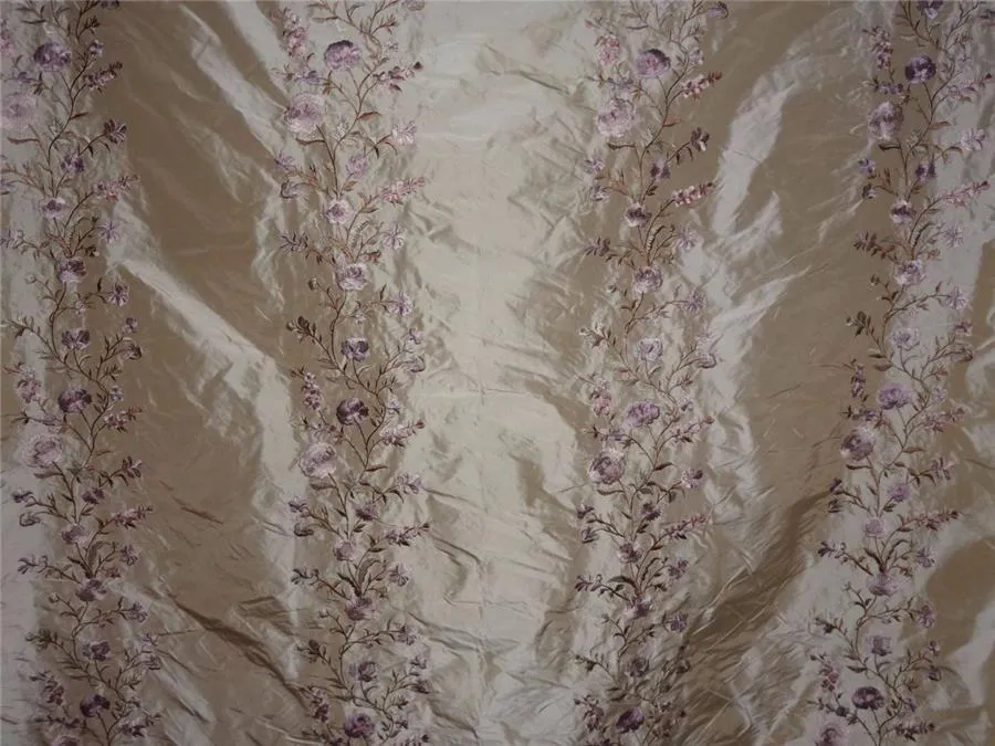 SILK TAFFETA FABRIC GOLDEN BEIGE WITH MULTI COLOUR EMBROIDERY 54&quot;INCH TAF#E10