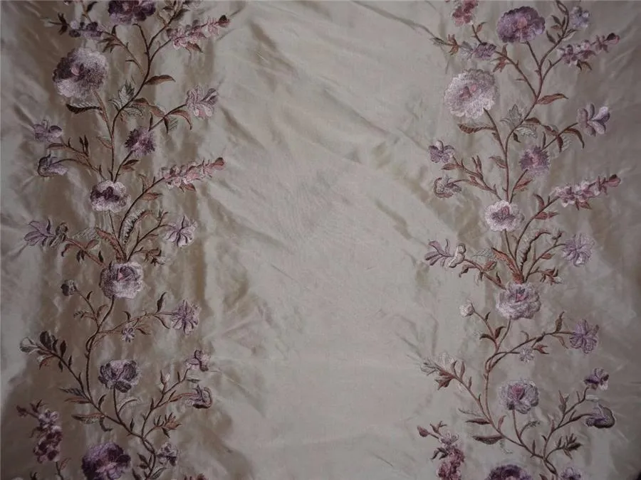 SILK TAFFETA FABRIC GOLDEN BEIGE WITH MULTI COLOUR EMBROIDERY 54&quot;INCH TAF#E10