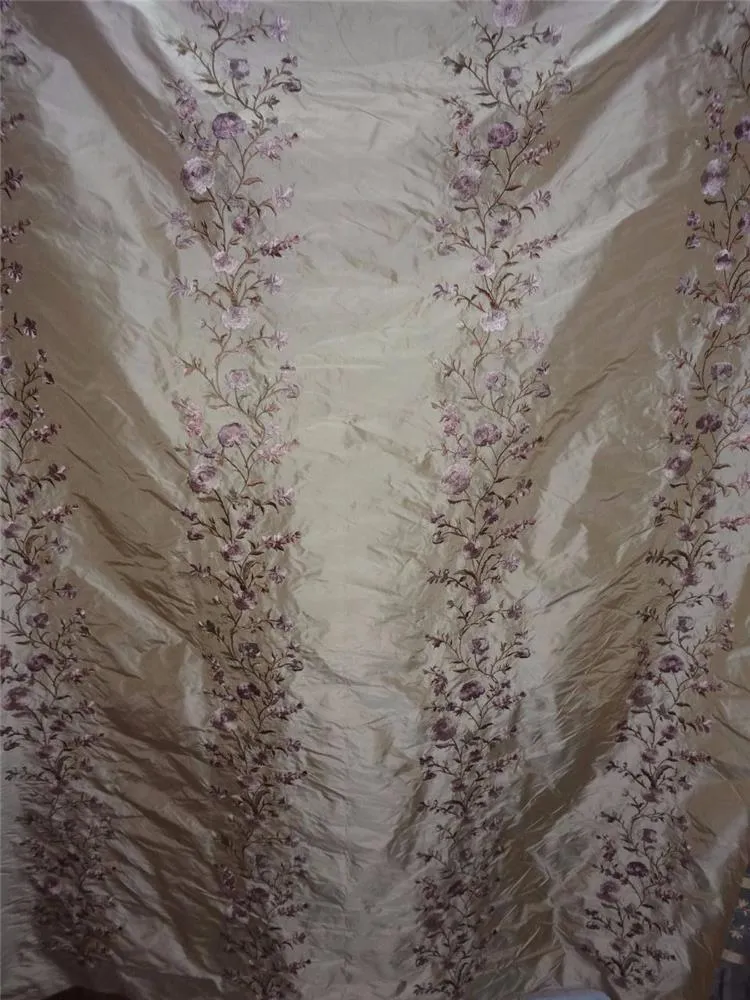 SILK TAFFETA FABRIC GOLDEN BEIGE WITH MULTI COLOUR EMBROIDERY 54&quot;INCH TAF#E10