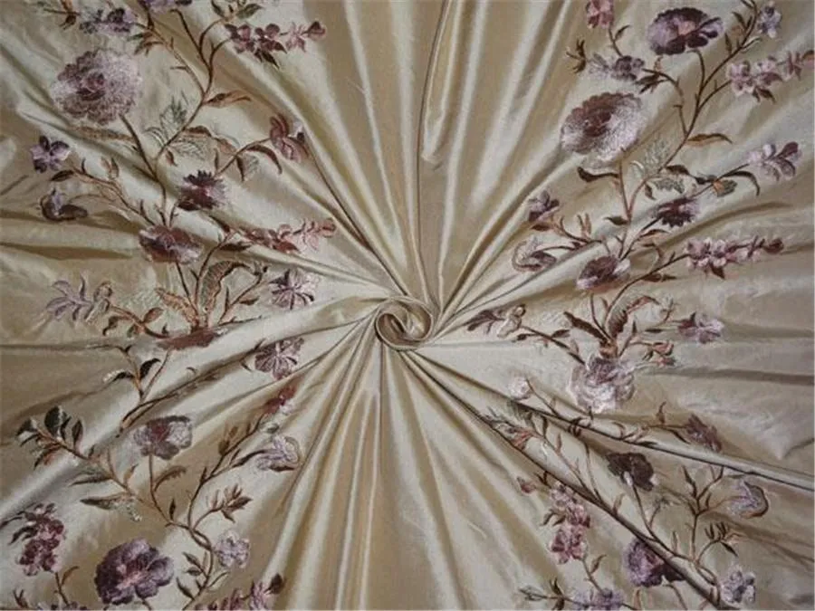 SILK TAFFETA FABRIC GOLDEN BEIGE WITH MULTI COLOUR EMBROIDERY 54&quot;INCH TAF#E10