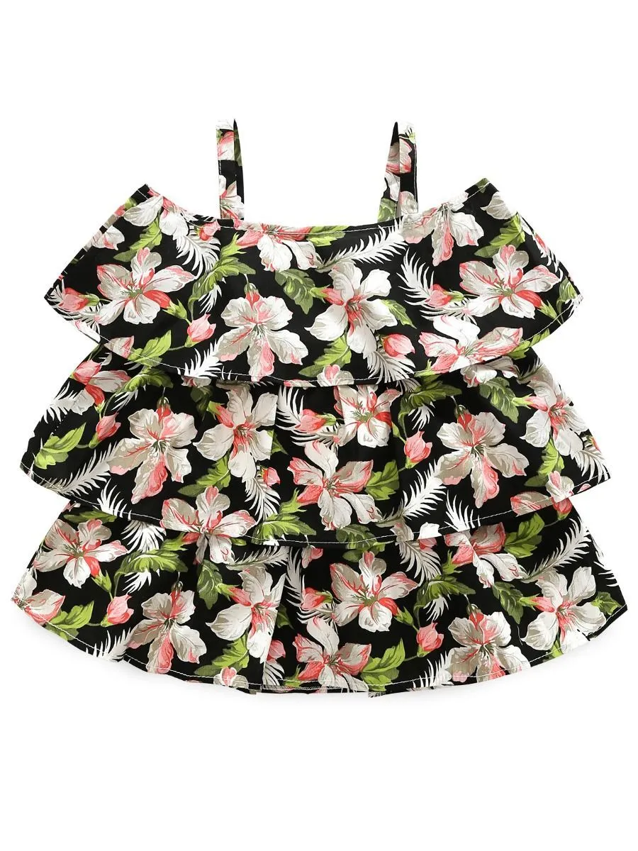 Summer 2-Piece Outfit Flower Suspender Top   Ripped Fringed-hem Shorts For Little Big Girl