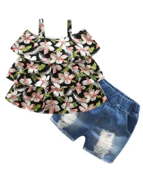 Summer 2-Piece Outfit Flower Suspender Top   Ripped Fringed-hem Shorts For Little Big Girl