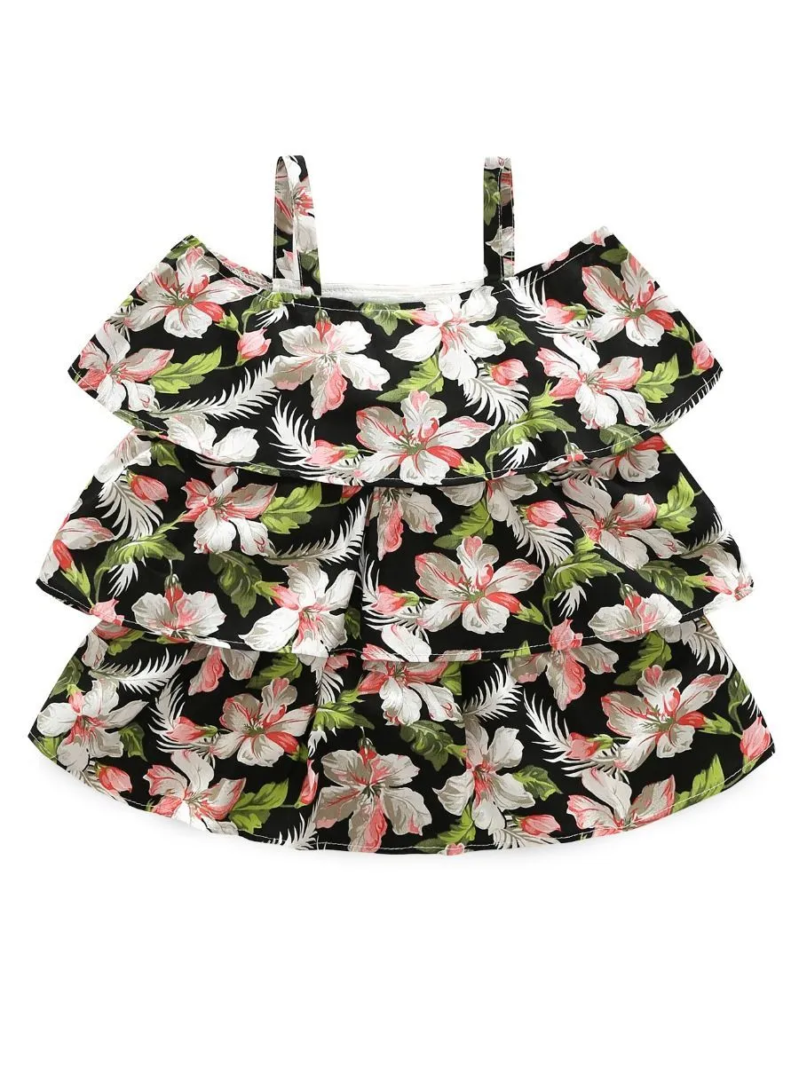 Summer 2-Piece Outfit Flower Suspender Top   Ripped Fringed-hem Shorts For Little Big Girl