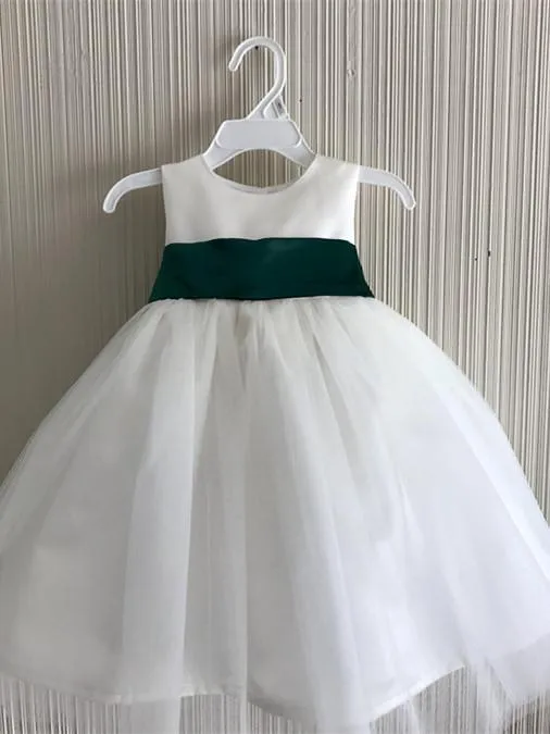 Unique Tulle & Satin Jewel Neckline knee-length Ball Gown Flower Girl Dresses FD039