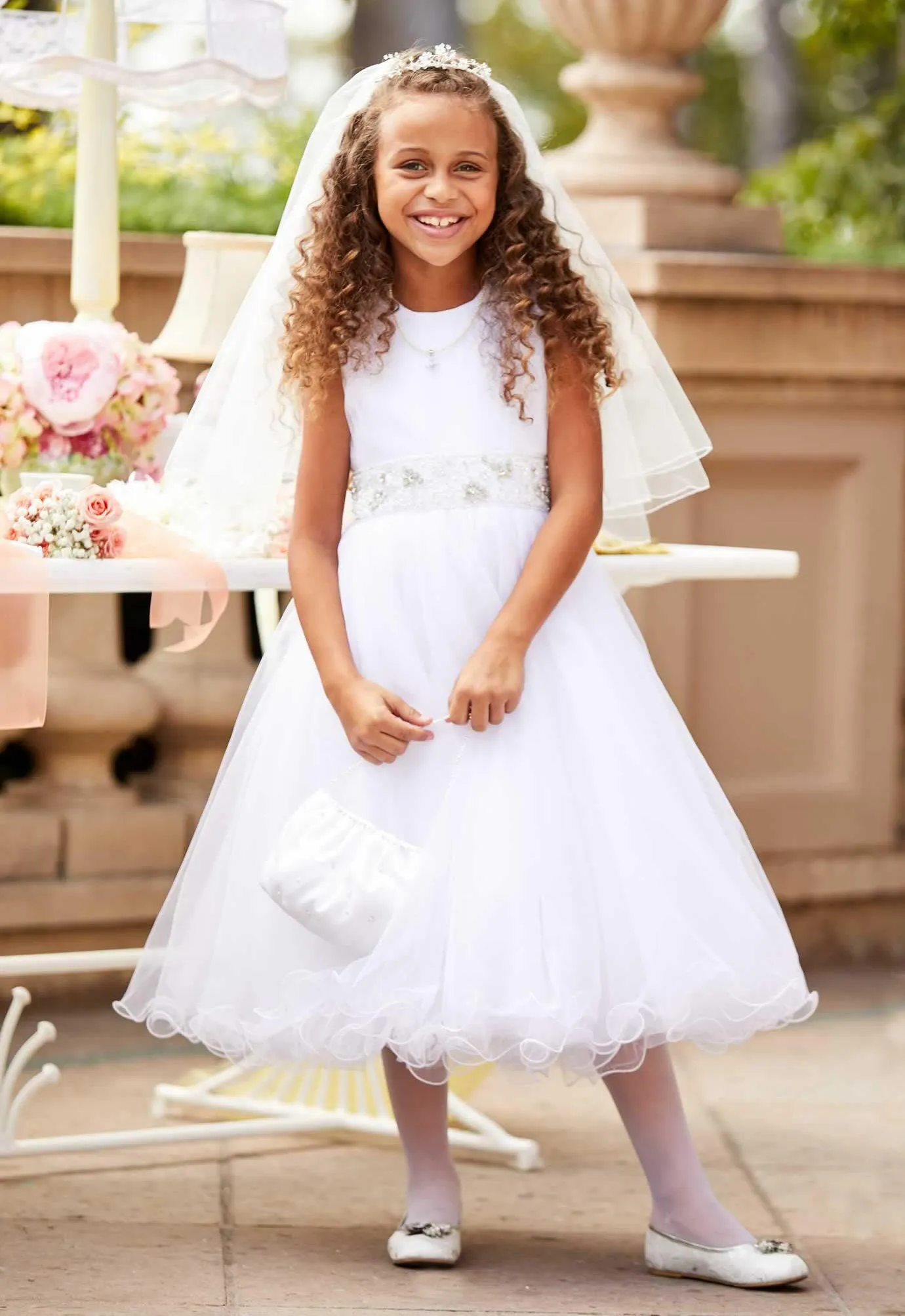 White Beaded Round Neckline Flower Girl Dresses, Tulle Popular Little Girl Dresses, D995