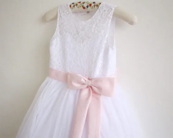 White Lace Flower Girl Dress Pink Sash Baby Girls Dresses Lace Tulle White Flower Girl Dress OK210