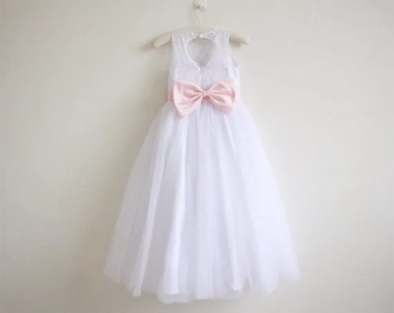 White Lace Flower Girl Dress Pink Sash Baby Girls Dresses Lace Tulle White Flower Girl Dress OK210