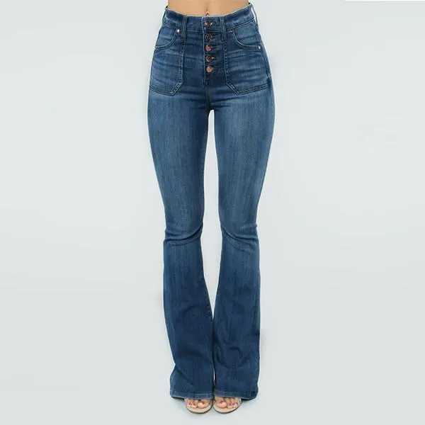 Women Stretchy Buttons Bell Bottom Jeans