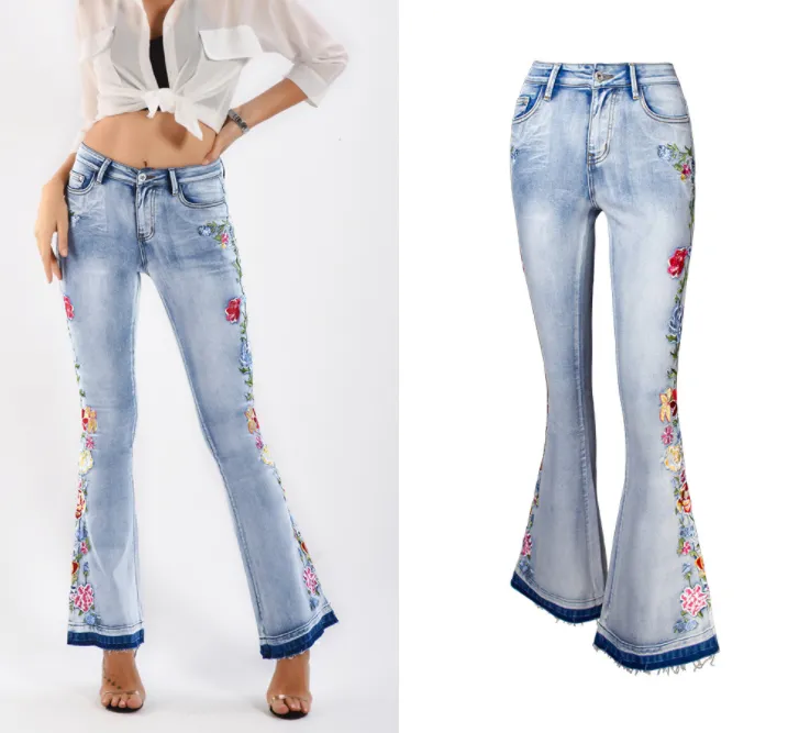 Womens Chic Floral Embroidered High-Rise Bell Bottom Flare Jeans Broad