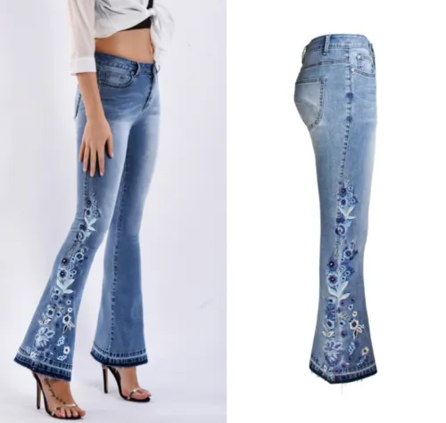 Womens Chic Floral Embroidered High-Rise Bell Bottom Flare Jeans Broad